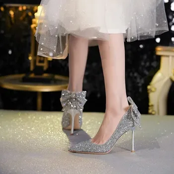 Sapatos Feminino Модные Женские туфли на высоком каблуке 2023, Летние свадебные туфли на тонком каблуке с блестками, Роскошная обувь, Банкетная обувь, Женская обувь