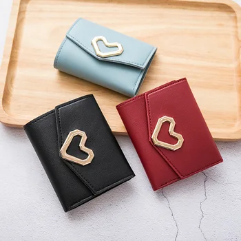 Однотонный Винтажный Короткий Кошелек Heart Hasp Ladies Heart Mini Кожаный Бумажник для Карт для Девочек