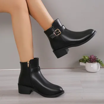 2023 Модная женская обувь; Зимние Женские ботинки до середины икры; Однотонные ботинки с круглым носком и пряжкой на молнии; Zapatillas De Mujer
