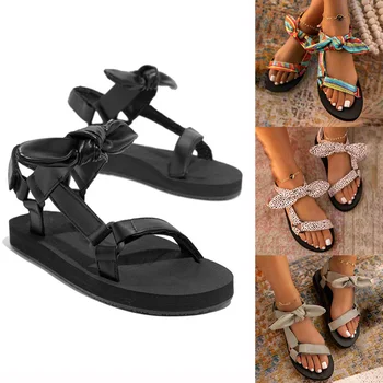 Новые летние женские босоножки на плоской подошве, повседневная женская обувь на шнуровке с бантом, мода 2021, уличная леопардовая пляжная одежда