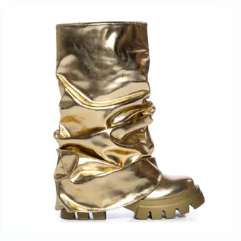 2023 Осень /Зима, Металл, Кожа, Новый бренд, Модные женские короткие ботинки, Плиссированные туфли на платформе на толстом каблуке, цвета: Золотистый, серебристый, Большой размер 43