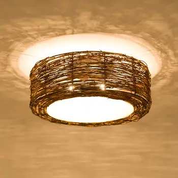 Современный бамбуковый потолочный светильник скрытого монтажа с деревенской плетеной лампой в форме барабана 110 В
