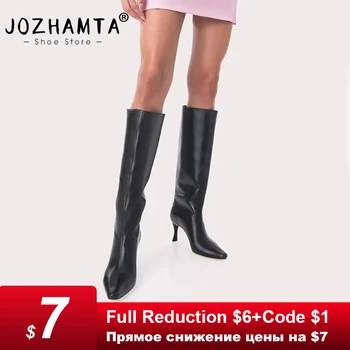 JOZHAMTA, размеры 34-42, женские сапоги до колена из натуральной кожи, пикантная женская обувь на тонком высоком каблуке, зимние высокие сапоги с острым носком, повседневные офисные