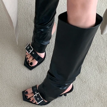 Женские босоножки на высоком каблуке в стиле панк-готика, сапоги, осень 2023, черные длинные сапоги с металлической пряжкой, женские ботфорты из искусственной кожи до колена