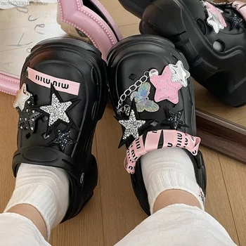 Звездные женские босоножки Y2k в стиле Харадзюку, Новые Корейские Модные Повседневные Женские тапочки, Летняя Уличная одежда в готическом стиле, Обувь на платформе для девочек