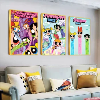 Плакат The-P-Powerpuffs с мультяшными девушками, Классический плакат аниме, наклейка на стену для гостиной, украшение бара, художественные наклейки на стену