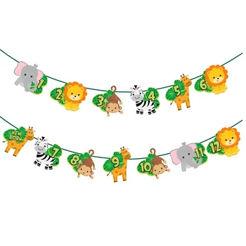 12 Месяцев Баннер с изображением животных в джунглях, гирлянда с овсянкой для украшения вечеринки по случаю 1-го дня рождения Wild One