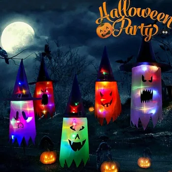 5шт светодиодных мигающих огоньков Wizard Ghost для украшения Хэллоуина Наряжают Светящийся призрак Гипсофила Шляпа Лампа Подвесной декор