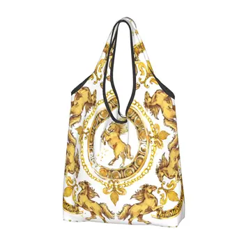Роскошные Золотые лошади, Европейские сумки для покупок с цветочным рисунком, Женские Милые сумки для покупок на плечо, сумки большой емкости