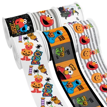 Тема Хэллоуина Мультфильм Elmo SesameStreet Дизайн С Принтом В Крупный Рубчик Атласная Лента для Подарочной Упаковки Бант Для Волос 50 Ярдов
