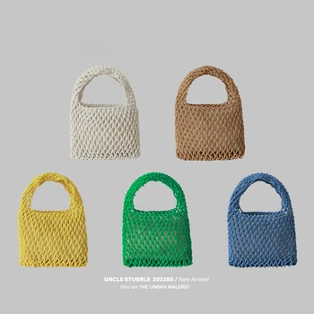 Кошельки для монет ручной вязки, сумка из хлопчатобумажной веревки Macaron, открытая сумочка, соломенная сумка, Корейская пляжная тканая сумка в сеточку.