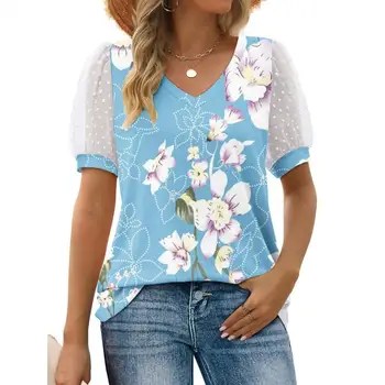 Женская рубашка с цветочным принтом, женская футболка с V-образным вырезом, дышащая, впитывающая пот Повседневная свободная блузка, пуловер, топ
