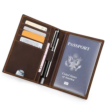 Мужской держатель для паспорта, кошелек из натуральной кожи, мужская винтажная обложка для паспорта из воловьей кожи, фирменный мужской чехол с прорезью для ручки