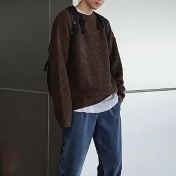 Мужской свитер свободного кроя, стильный Корейский мужской вязаный свитер свободного кроя, однотонный с круглым вырезом для осенне-зимней уличной моды