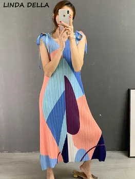 LINDA DELLA Летнее модное дизайнерское пляжное платье с элегантным принтом, женское повседневное Свободное плиссированное длинное платье без рукавов с V-образным вырезом и уздечкой