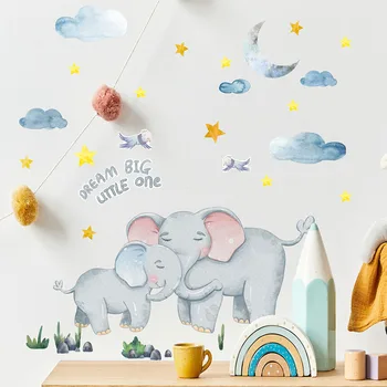 Наклейка на стену с изображением двух слонов из мультфильма Спальня Детская комната Украшение дома Фреска Милые животные Облака Обои Съемные наклейки на стены