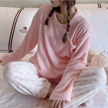 Осень-зима, новый теплый фланелевый женский пижамный комплект, Брюки с длинными рукавами, комплект из двух предметов, милая розовая одежда для отдыха, одежда для женщин