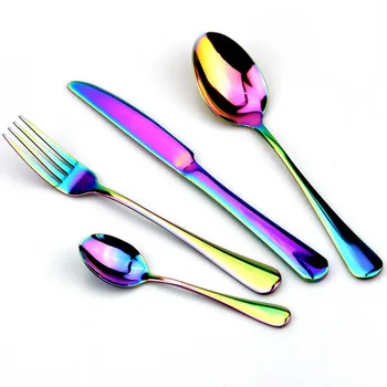 Набор посуды из нержавеющей стали, разноцветные столовые приборы Rainbow, можно мыть в посудомоечной машине, Посуда в западном стиле, Кухонные принадлежности