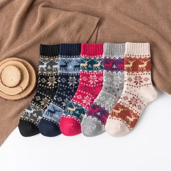 5 пар Новых осенне-зимних женских шерстяных носков с утолщением в виде снежинки и оленя, модные теплые женские повседневные носки в этническом стиле