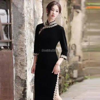 2023 новый осенний бархатный чонсам в ретро-китайском стиле, черное улучшенное платье-стойка с коротким рукавом, элегантное женское платье-чонсам s15