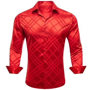 Роскошные рубашки для мужчин, шелковый атлас с длинным рукавом, красные однотонные мужские блузки в клетку, повседневные официальные топы, дышащие Barry Wang