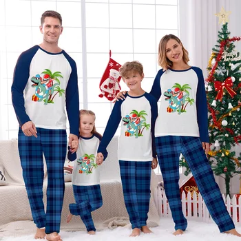 Семейные пижамы в тон Рождеству, Летние Комплекты пижам с динозавром Санта-Клаусом, Зеленые Пижамы