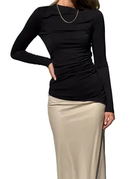 Женская рубашка с круглым вырезом и длинным рукавом Неправильной формы, Однотонная Приталенная Базовая Осенняя футболка, Топы, Уличная одежда