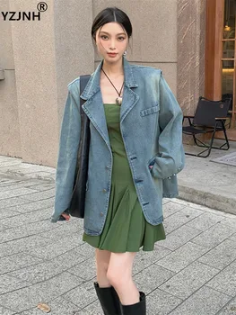 YZJNH, Весенне-осенняя джинсовая куртка нового стиля, свободная модная повседневная наплечная накладка, американский ретро-пиджак для женщин