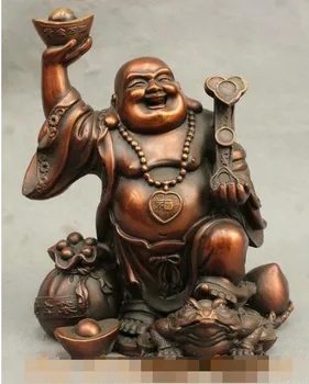 7-Дюймовая китайская статуя Богатства из чистой Бронзы, Счастливый Смех Майтрейи Юанбао Жуйи, Статуя Жабы