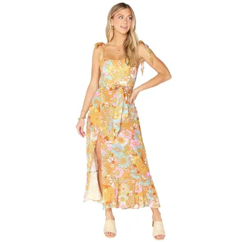 Новое модное женское платье-бандо с разрезом на бретельках и цветочным принтом, элегантное, с поясом