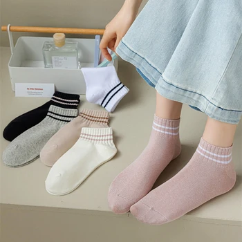 6 Пар носков для женщин, новые модные хлопковые спортивные носки для девочек в стиле Опрятный стиль, впитывающие пот, мягкие полосатые повседневные короткие носки до щиколоток, комплект