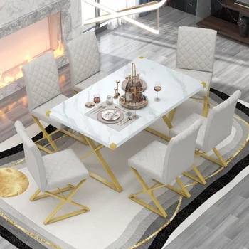 Современный обеденный стол из 7 предметов белого цвета, прямоугольный мраморный кухонный стол и 6 стульев из искусственной кожи, для мебели для ресторана в помещении