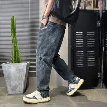 Джинсы свободного кроя с прямой трубкой Мужские повседневные джинсовые брюки с широкими штанинами Модные брюки Harlan в стиле ретро Мужская одежда Низ 40