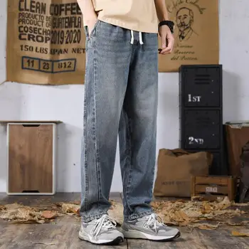 Новые модные Осенне-зимние джинсы для мужчин, одежда из выстиранной джинсовой ткани, свободные широкие брюки, повседневная одежда, брюки с эластичной резинкой на талии и завязками