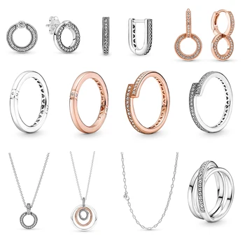 2023 Высококачественное кольцо из стерлингового серебра 925 пробы, сверкающее, перекрывающее кольцо, подвеска в виде двойного круга и ожерелье, серьги, подходящие в подарок