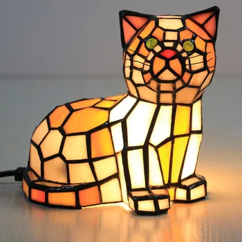 Настольная лампа с котом из витражного стекла от Тиффани для спальни, винтажные настольные лампы с животными, прикроватные тумбочки для гостиной, ретро-ночник для домашнего декора